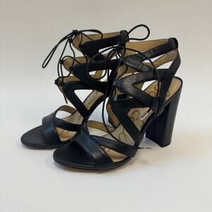 Sam Edelman Yardley Black Leather Lace Up Stacked Heel Sz 5.5
